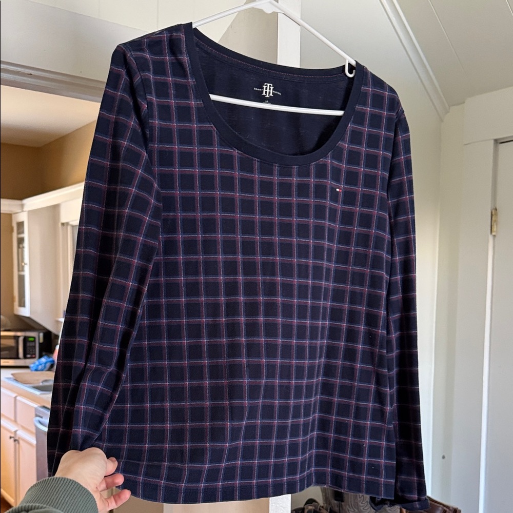 Tommy Hilfiger Navy and Red Checkered Long Sleeve Top